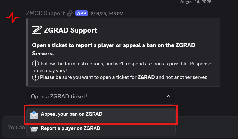 Selecting appeal from dropdown menu