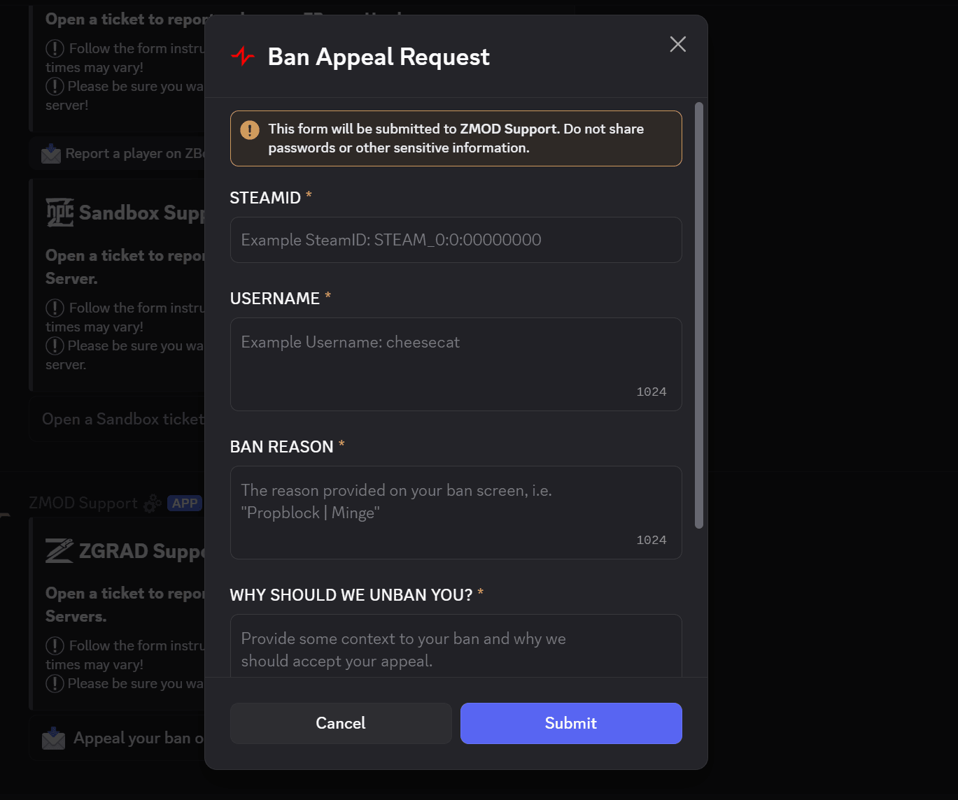 Filling out ban appeal form